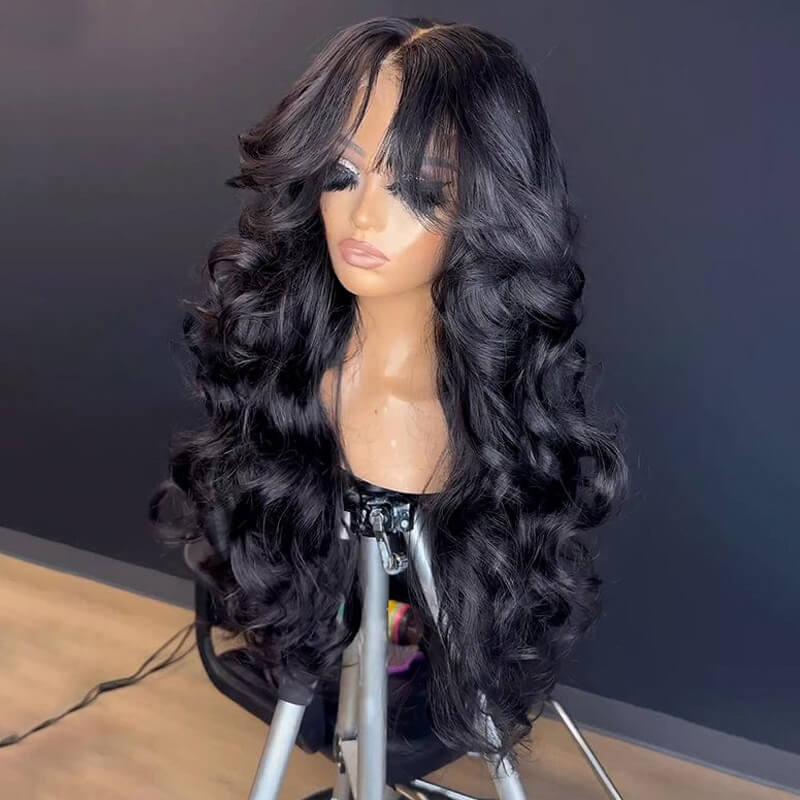 Geeta Hair-Affordable Glueless Loose Body Wave Wig 4x6 13x4 Lace Front 180% Density Wigs with Curtain Bangs Ocean Wave Wigs Pre Plucked Pre Cut Hair