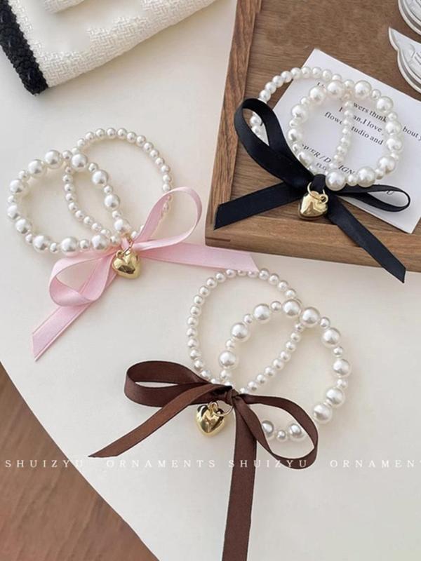 Faux Pearl Decorated Bowknot Design Hair Tie, Cute Hair Accessories for Women & Girls, Minimalist Headwear Suitable for Thick Hair