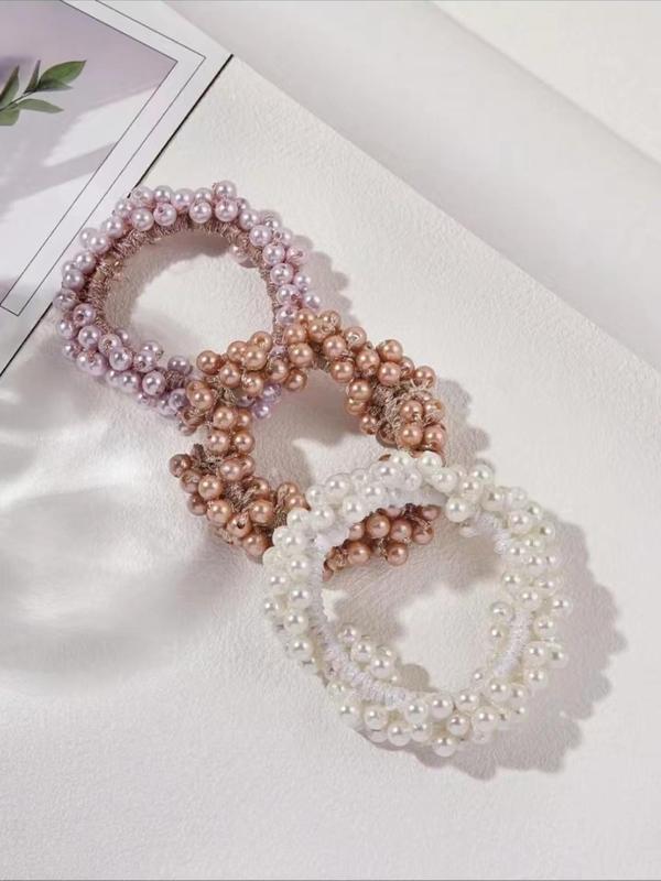 Faux Pearl Decorated Hair Tie (3pcs), Elegant High Stretch Hair Accessories for Women & Girls, Minimalist Headwear Suitable for Thick Hair