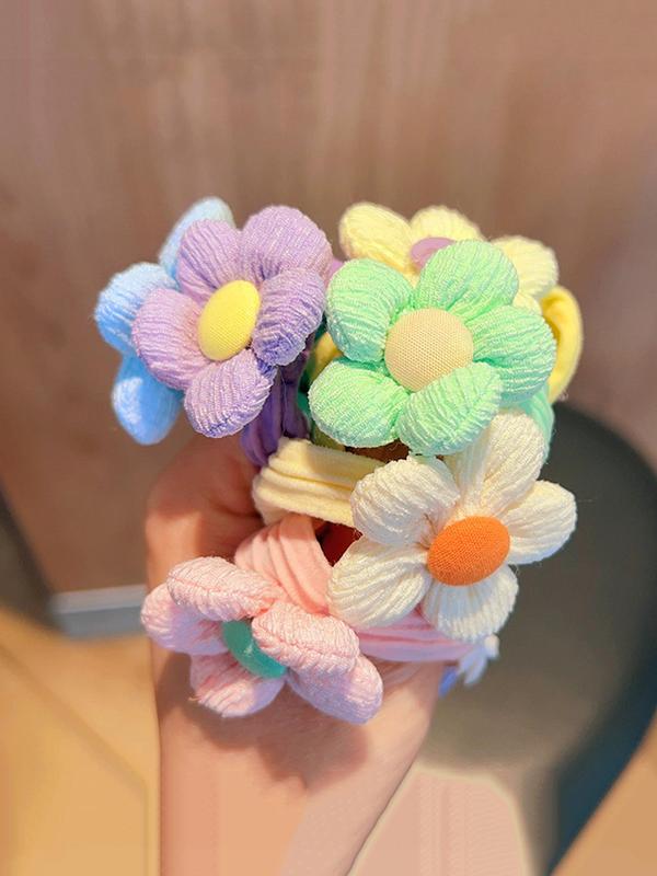 Women's Cute Colorful Flower Hair Ties & Rainbow Scrunchies, 6pcs Casual Trendy Elastic Ponytail Holder, Fashionable Y2k Accessories for Girlfriend As Party Decor