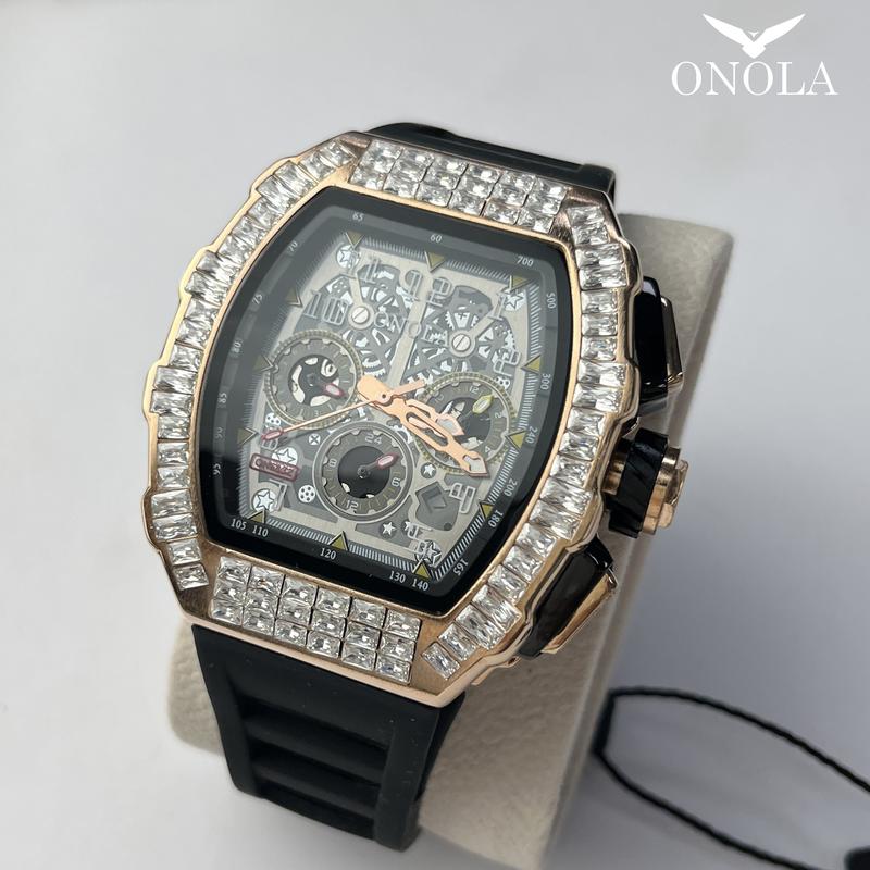 ONOLA Men's Automatic Watch - Multifunctional, Sporty Wine Barrel Design with Silicone Band, Mechanical Movement, Date Feature