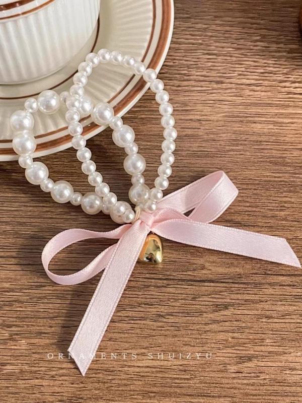 Faux Pearl Decorated Bowknot Design Hair Tie, Cute Hair Accessories for Women & Girls, Minimalist Headwear Suitable for Thick Hair