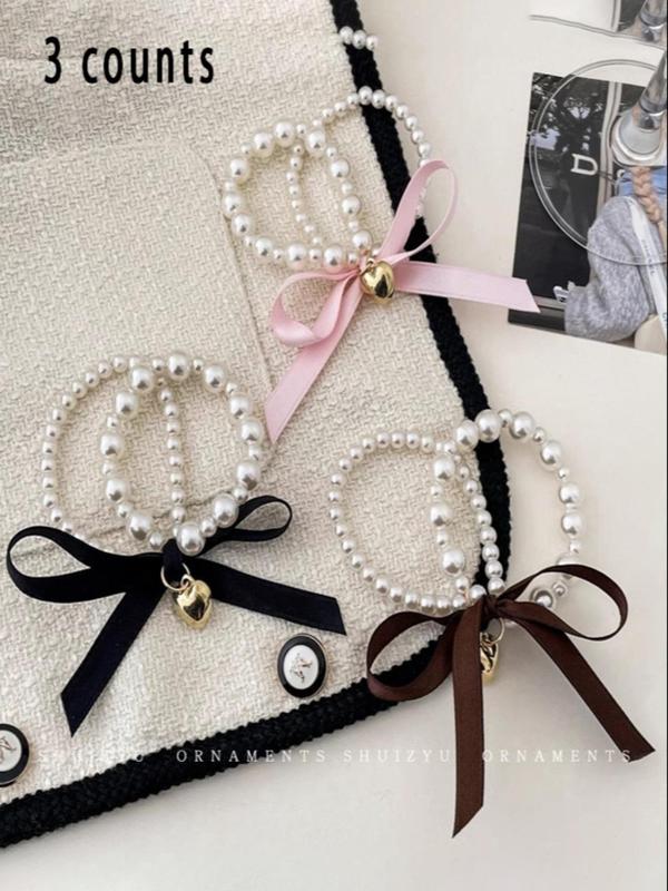 Faux Pearl Decorated Bowknot Design Hair Tie, Cute Hair Accessories for Women & Girls, Minimalist Headwear Suitable for Thick Hair