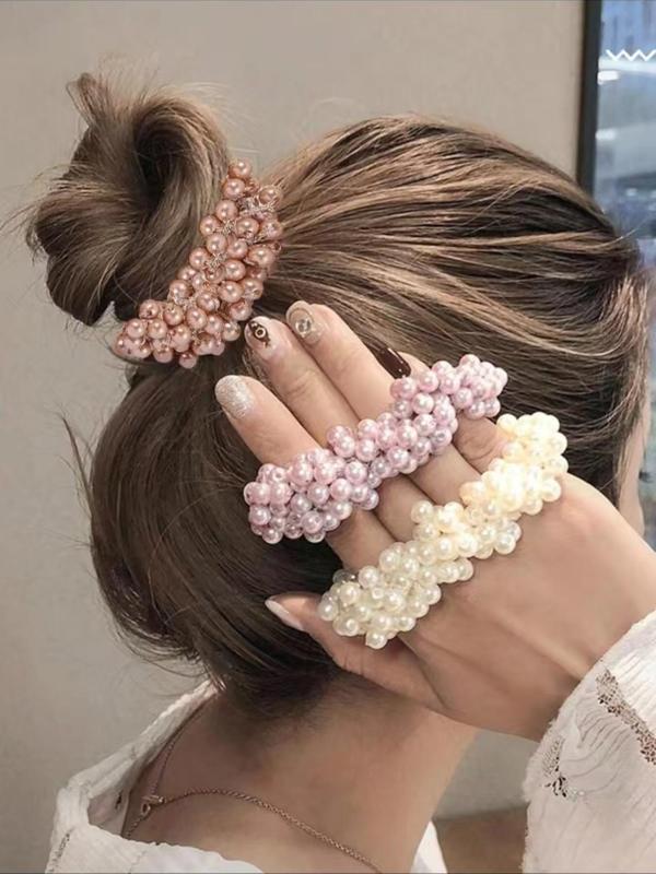 Faux Pearl Decorated Hair Tie (3pcs), Elegant High Stretch Hair Accessories for Women & Girls, Minimalist Headwear Suitable for Thick Hair